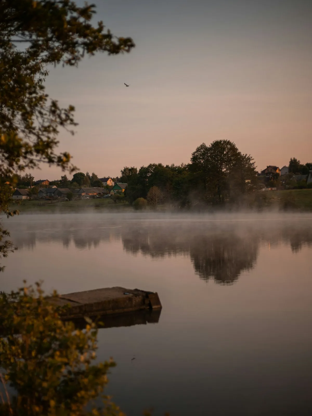 Mist over a calm Michigan lake at dawn
